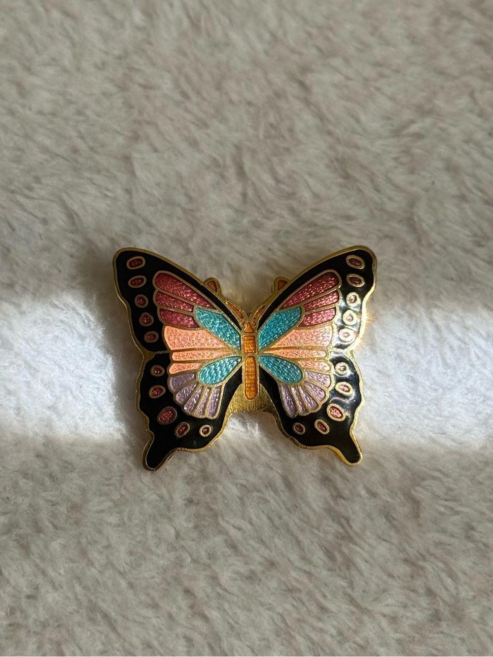 Vintage Enamel Butterfly Pin - Multicolor Gold Outline teal Pink black orange